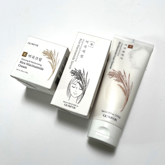 Bundle New 3pc Korean Glamfox Rice Niacinamide Serum + Cream + Foam Cleanser - Picture 1 of 4